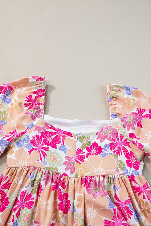 Floral Print Square Neck Flutter Sleeve Babydoll Dress