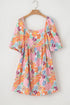 Floral Print Square Neck Flutter Sleeve Babydoll Dress
