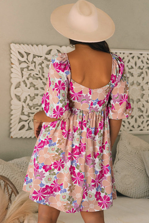 Floral Print Square Neck Flutter Sleeve Babydoll Dress
