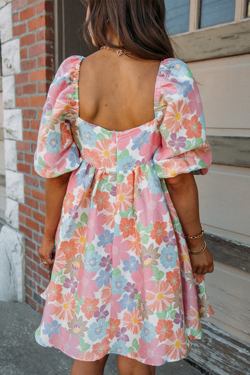 Floral Print Square Neck Flutter Sleeve Babydoll Dress