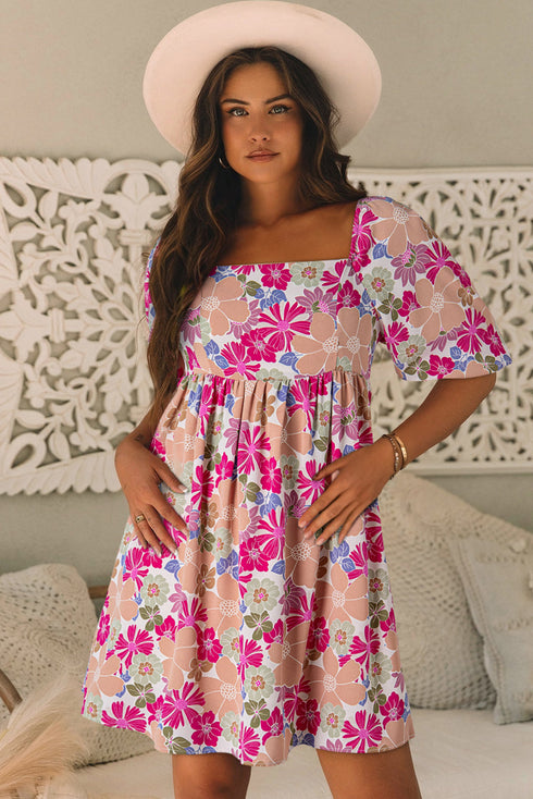 Floral Print Square Neck Flutter Sleeve Babydoll Dress