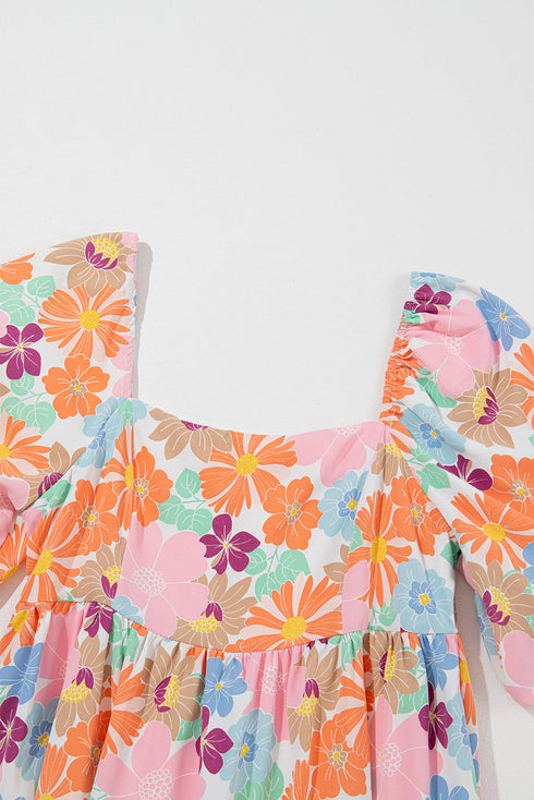 Floral Print Square Neck Flutter Sleeve Babydoll Dress