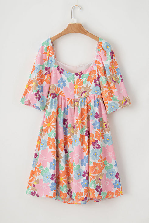 Floral Print Square Neck Flutter Sleeve Babydoll Dress