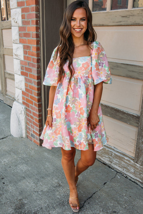 Floral Print Square Neck Flutter Sleeve Babydoll Dress