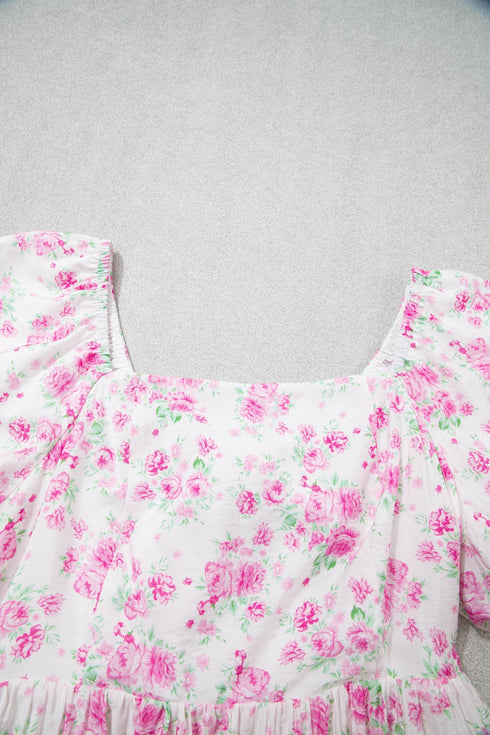 Floral Print Square Neck Ribbon Knot Back Mini Dress