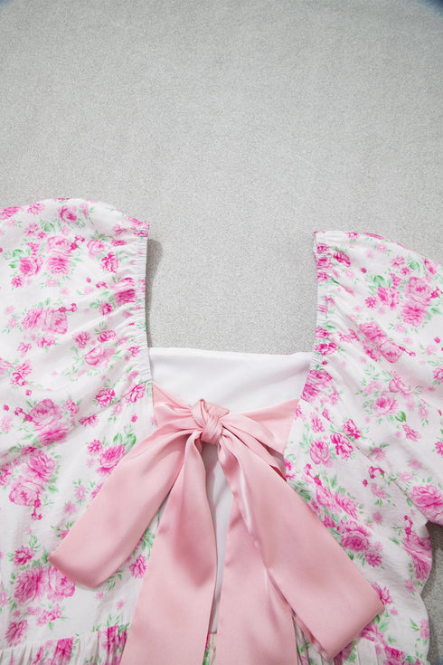 Floral Print Square Neck Ribbon Knot Back Mini Dress