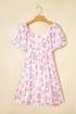 Floral Print Square Neck Ribbon Knot Back Mini Dress