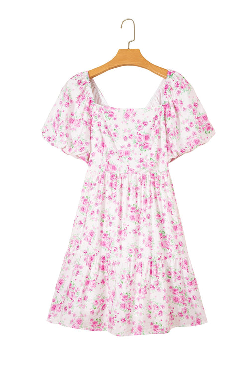 Floral Print Square Neck Ribbon Knot Back Mini Dress