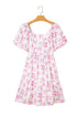 Floral Print Square Neck Ribbon Knot Back Mini Dress