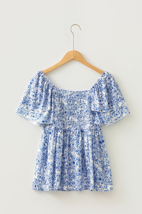 Floral Print Square Neck Ruffled Sleeve Smocked Babydoll Blouse