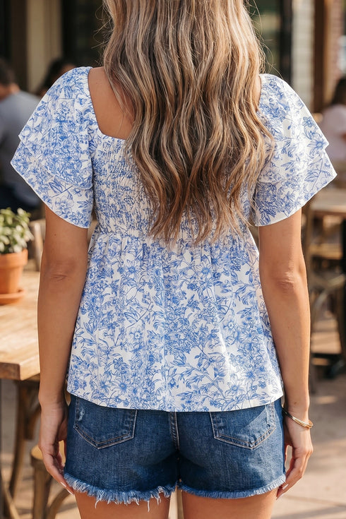 Floral Print Square Neck Ruffled Sleeve Smocked Babydoll Blouse