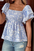 Floral Print Square Neck Ruffled Sleeve Smocked Babydoll Blouse