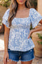 Floral Print Square Neck Ruffled Sleeve Smocked Babydoll Blouse
