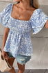 Floral Print Square Neck Ruffled Sleeve Smocked Babydoll Blouse