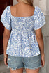 Floral Print Square Neck Ruffled Sleeve Smocked Babydoll Blouse