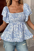 Floral Print Square Neck Ruffled Sleeve Smocked Babydoll Blouse
