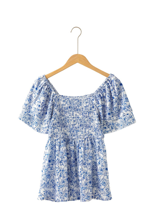Floral Print Square Neck Ruffled Sleeve Smocked Babydoll Blouse