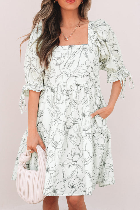 Floral Print Square Neck Shir Back Puff Sleeve Mini Dress