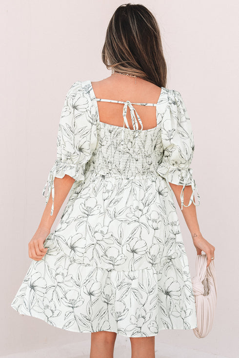 Floral Print Square Neck Shir Back Puff Sleeve Mini Dress
