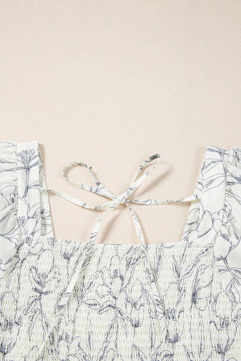 Floral Print Square Neck Shir Back Puff Sleeve Mini Dress