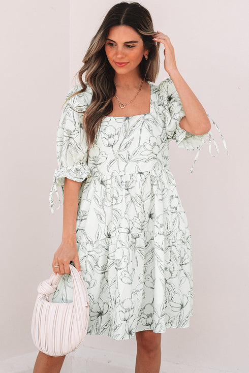 Floral Print Square Neck Shir Back Puff Sleeve Mini Dress