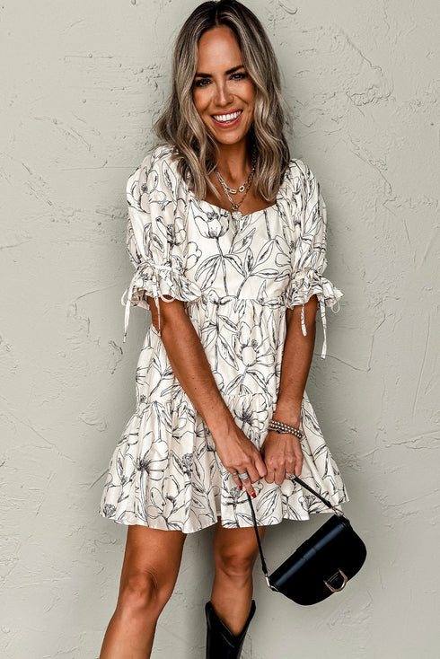 Floral Print Square Neck Shir Back Puff Sleeve Mini Dress