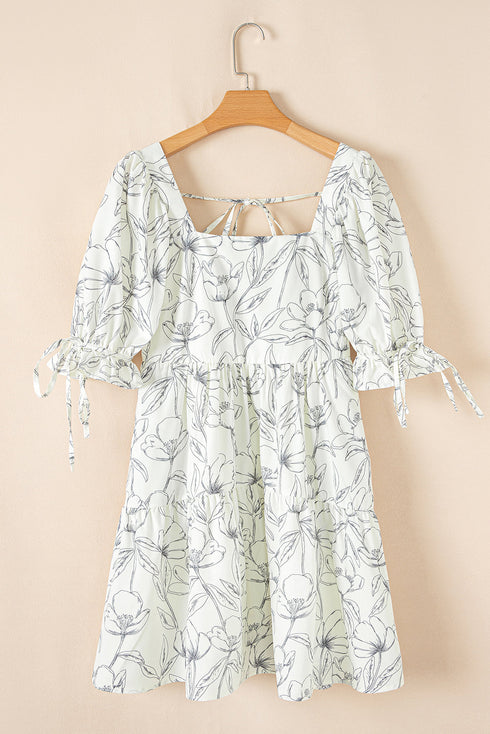 Floral Print Square Neck Shir Back Puff Sleeve Mini Dress
