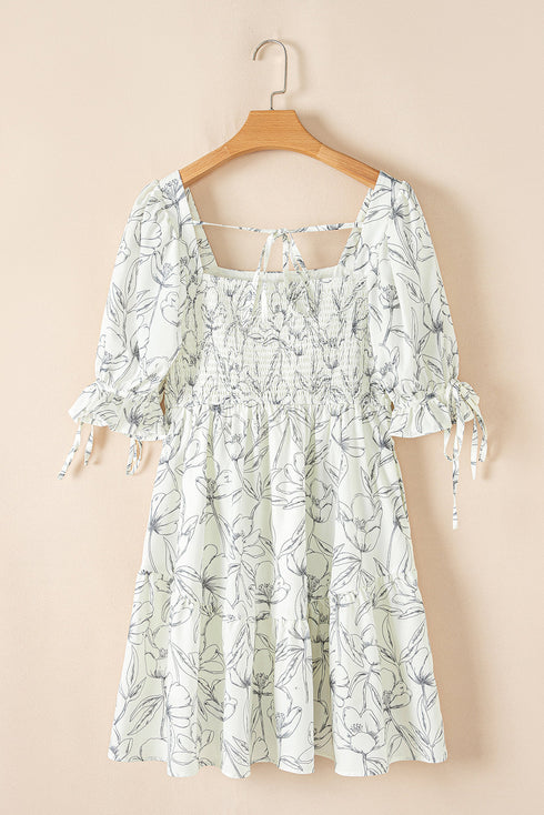 Floral Print Square Neck Shir Back Puff Sleeve Mini Dress