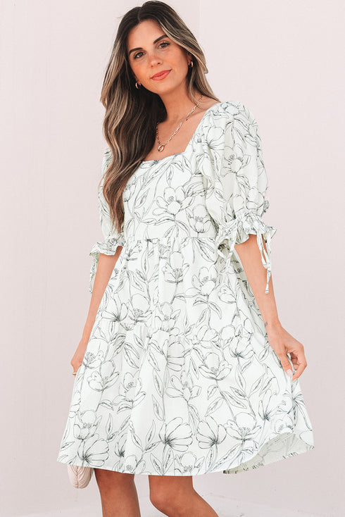 Floral Print Square Neck Shir Back Puff Sleeve Mini Dress