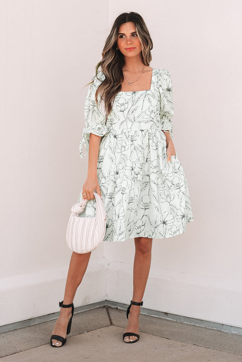 Floral Print Square Neck Shir Back Puff Sleeve Mini Dress