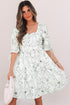 Floral Print Square Neck Shir Back Puff Sleeve Mini Dress