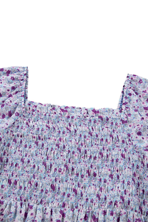 Floral Print Square Neck Smocked A Line Maxi Dress
