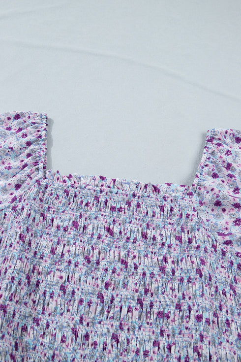 Floral Print Square Neck Smocked A Line Maxi Dress