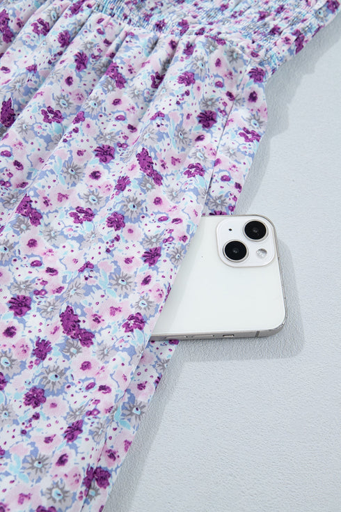 Floral Print Square Neck Smocked A Line Maxi Dress