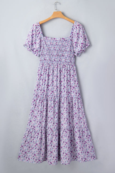 Floral Print Square Neck Smocked A Line Maxi Dress