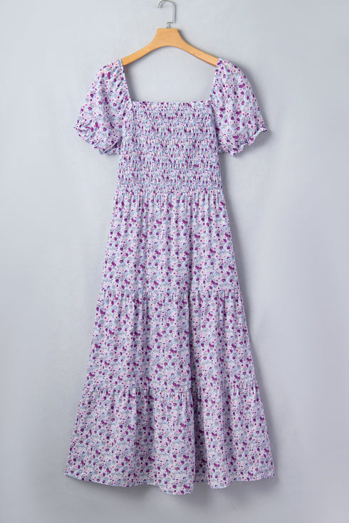 Floral Print Square Neck Smocked A Line Maxi Dress