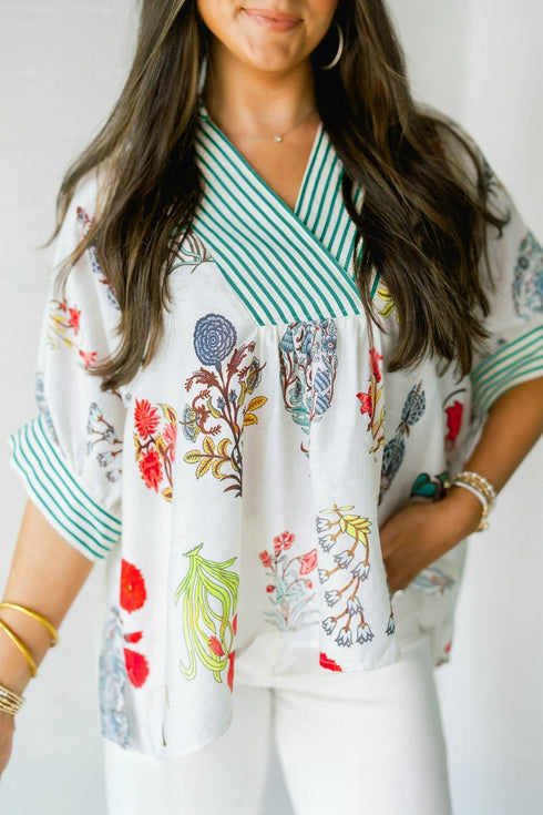 Floral Print Striped Contrast Trim V Neck Half Sleeve Blouse