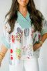 Floral Print Striped Contrast Trim V Neck Half Sleeve Blouse