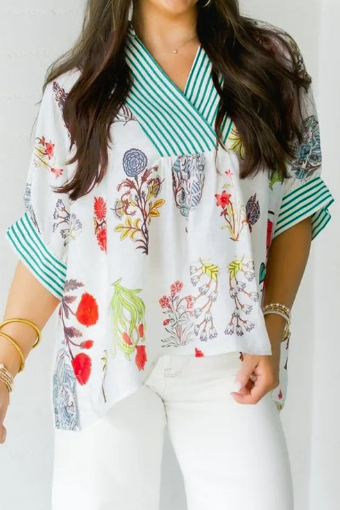 Floral Print Striped Contrast Trim V Neck Half Sleeve Blouse
