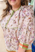 Floral Print Striped Detail Contrast Trim Babydoll Blouse