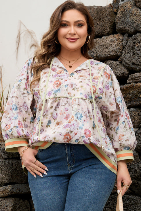 Floral Print Striped Detail Contrast Trim Babydoll Blouse