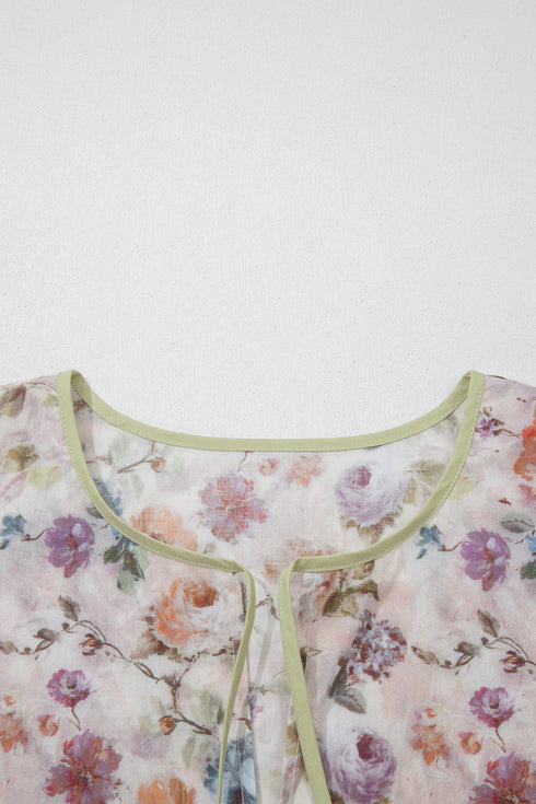 Floral Print Striped Detail Contrast Trim Babydoll Blouse