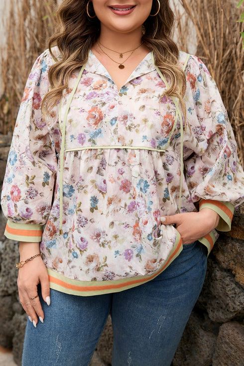 Floral Print Striped Detail Contrast Trim Babydoll Blouse