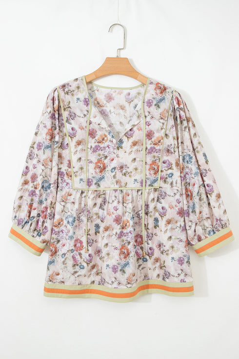 Floral Print Striped Detail Contrast Trim Babydoll Blouse