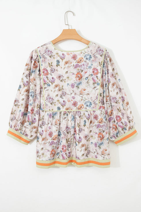 Floral Print Striped Detail Contrast Trim Babydoll Blouse