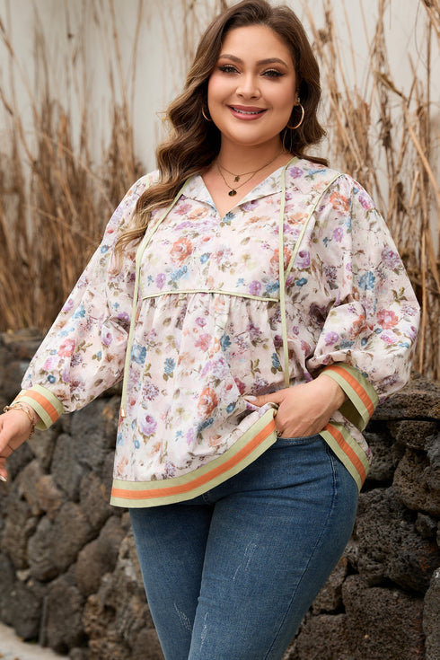 Floral Print Striped Detail Contrast Trim Babydoll Blouse