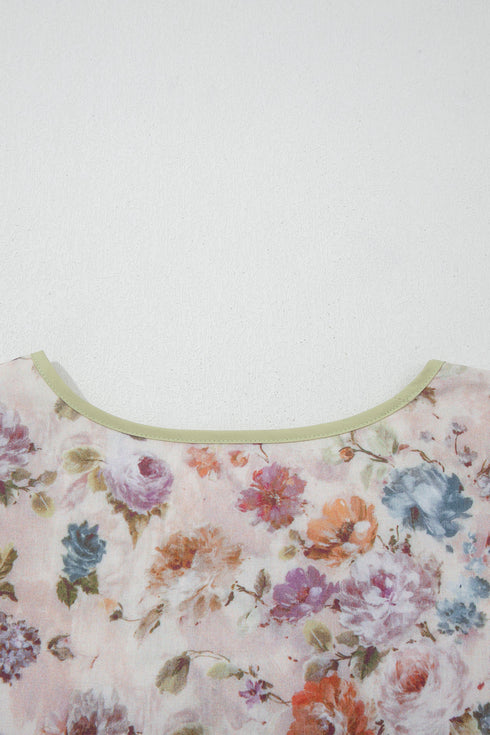 Floral Print Striped Detail Contrast Trim Babydoll Blouse