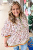 Floral Print Striped Detail Contrast Trim Babydoll Blouse