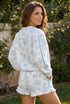 Floral Print Striped Detail Long Sleeve Top Ruffle Hem Shorts 2Pcs Short Set