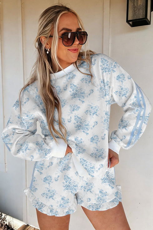Floral Print Striped Detail Long Sleeve Top Ruffle Hem Shorts 2Pcs Short Set
